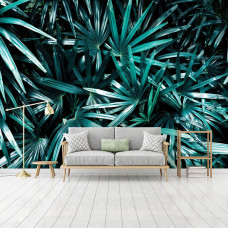 Een fotobehang van jungle bladeren in een natuurlijke omgeving voor de slaapkamer.