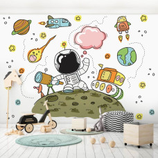 Een kinderbehang met een astronaut in een ruimteontwerp, speciaal ontworpen voor een babykamer.