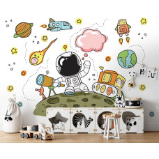Een kinderbehang met een astronaut in een galactisch thema, perfect voor een jongenskamer.