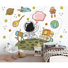 Een kinderbehang met een futuristisch ruimteontwerp, ideaal voor een kinderkamer.