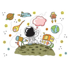 Kinderbehang met een astronaut in de ruimte die tussen de planeten zweeft, perfect voor een ruimte-enthousiast kind.