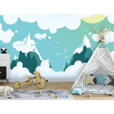 Een kinderbehang met hoge bergtoppen en wolken voor de babykamer en jongenskamer.