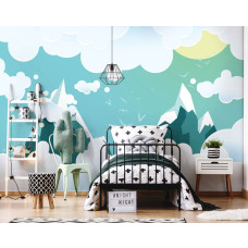 Een kinderbehang met hoge bergtoppen en wolken voor de babykamer en kinderkamer.
