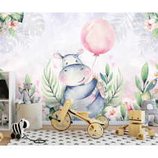 Een kinderbehang met een vrolijk nijlpaard en bloemen voor een babykamer en kinderkamer.