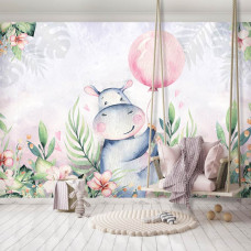 Een kinderbehang met een vrolijk nijlpaard en bloemen voor een kinderkamer en meisjeskamer.