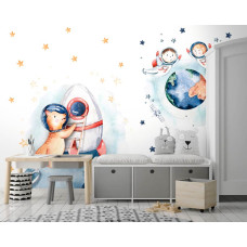 Een fotobehang met een ruimteraket, planeten en een sterrenhemel, speciaal voor een babykamer.