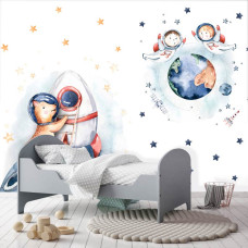 Een fotobehang met een ruimteraket, sterren en planeten, ideaal voor een kinderkamer.