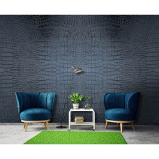 Een bedrijfsruimte met een krokodillen behang met de gedetailleerde textuur van een krokodillenhuid in de kleur antraciet.
