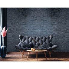 Een mancave met een krokodillen behang met de gedetailleerde textuur van een krokodillenhuid in de kleur antraciet.