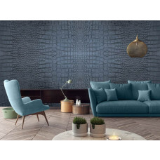 Krokodillen behang met de gedetailleerde textuur van een krokodillenhuid in de kleur antraciet in de woonkamer.