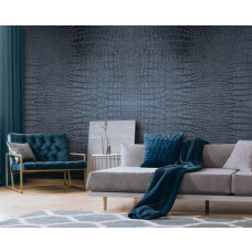 Een stijlvolle woonkamer met een krokodillen behang met de gedetailleerde textuur van een krokodillenhuid in de kleur antraciet.