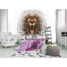Een wit fotobehang met een kunstzinnige leeuw in schilderstijl voor de slaapkamer.
