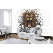 Een wit fotobehang met een kunstzinnige leeuw in schilderstijl voor de woonkamer.