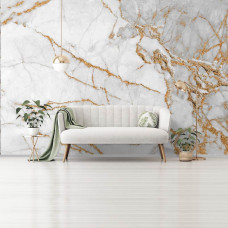 Een fotobehang met wit en goud marmer en elegante gouden versieringen, perfect voor een luxe huiskamer.