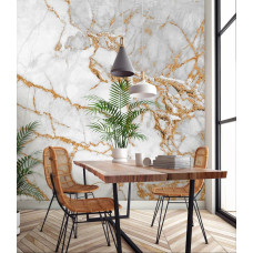 Een luxueus marmeren fotobehang met gouden details, ideaal voor een keuken.