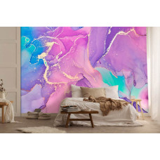 Een fotobehang met een roze-gouden marmerlook, ideaal voor een luxe slaapkamer.
