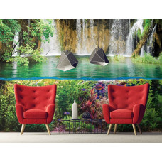 Een modern fotobehang met vissen en een waterval in een onderwaterwereld, ideaal voor een huiskamer.