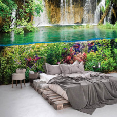 Een vliesbehang met een kleurrijke onderwaterwereld en vissen, perfect voor een slaapkamer.
