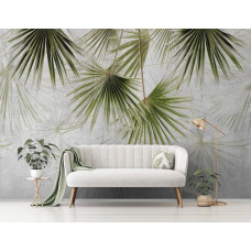 Een fotobehang met exotische jungle planten in een industrieel ontwerp, perfect voor een kantoor.