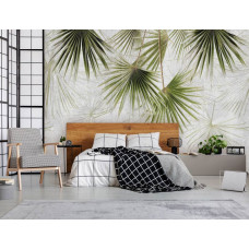 Een fotobehang met exotische jungle planten op een betonnen achtergrond, geschikt voor een slaapkamer.