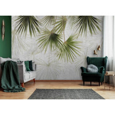 Een fotobehang met exotische jungle planten op beton, passend in een woonkamer.