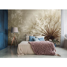 Een fotobehang van een paardenbloem te zien in de slaapkamer.