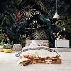 Een fotobehang met papegaaien in een exotisch regenwoud, speciaal voor een kinderkamer.
