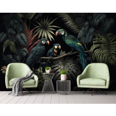 Een fotobehang met papegaaien tussen junglebladeren in een tropisch regenwoud, ideaal voor een woonkamer.