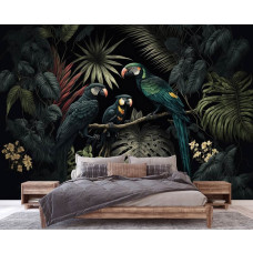 Een fotobehang met papegaaien en bladeren in een botanische setting, perfect voor een slaapkamer.