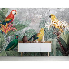 Een fotobehang met jungle papegaaien voor de huiskamer.