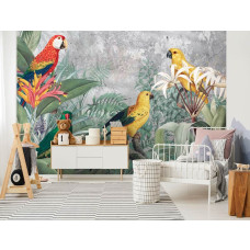 Een fotobehang met jungle papegaaien voor de kinderkamer.