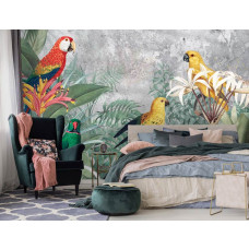 Een fotobehang met jungle papegaaien voor de slaapkamer.
