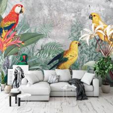 Een fotobehang met jungle papegaaien voor de woonkamer.