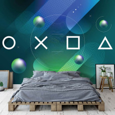 Een game-thema fotobehang met PlayStation-elementen en een stoer design voor een gamekamer.