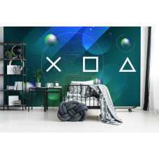 Een speels fotobehang met PlayStation-controller en gaming-stijl voor een kinderkamer.