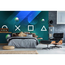 Een fotobehang met een PlayStation-controller en game-thema, ideaal voor een slaapkamer.