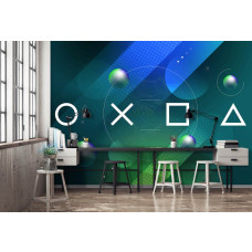 Een stijlvol fotobehang met PlayStation-controller en moderne game-elementen voor een woonkamer.