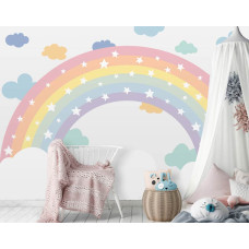 Een vrolijk fotobehang met een regenboog en sterren, perfect voor een kinderkamer.
