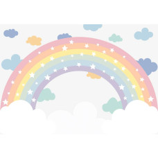 Wolken, regenbogen en sterren komen samen op dit fotobehang, wat een speels en magisch geheel vormt.