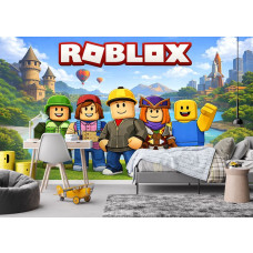 Roblox behang in een jongenskamer met stoere gamefiguren, Roblox logo en avontuurlijk landschap met stad en raket.