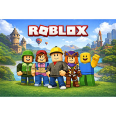 Roblox behang met vrolijke blokvormige gamepersonages, Roblox logo, kasteeltorens, rivier, bergen en een futuristische stad.