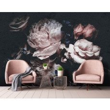Een romantisch fotobehang van een boeket bloemen met rozen en pioenrozen te zien in de eetkamer.