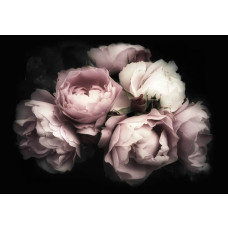 Rozen behang met een boeket van bloemen en pioenrozen, sfeervol en romantisch.