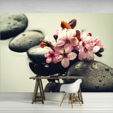 Een spa-behang fotobehang met wellness-thema, sauna, stenen en bloemen te zien in een kantoor.