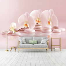 Een spa-fotobehang met wellness-thema, orchideeėn en steentjes te zien in de huiskamer.