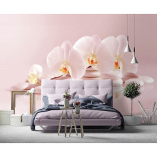 Een spa-fotobehang met wellness-thema, orchideeėn en steentjes te zien in de slaapkamer.