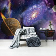 Een fotobehang van het universum en planeten voor een ruimte thema in de babykamer.