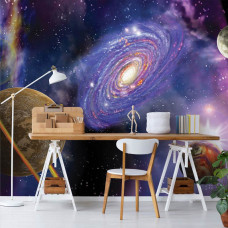 Een fotobehang van het universum en planeten voor een ruimte thema in de gamekamer.