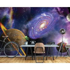 Een fotobehang van het universum en planeten voor een ruimte thema in het kantoor.