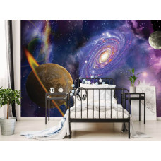 Een fotobehang van het universum en planeten voor een ruimte thema in de kinderkamer.